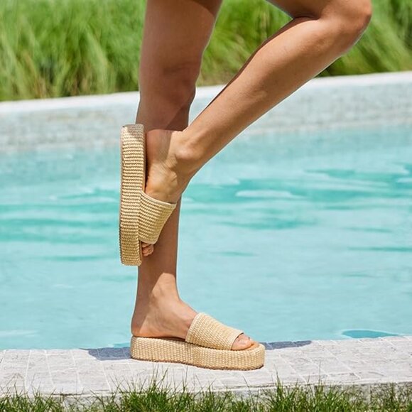 Platform Sandals Women – Raffia Espadrilles Slip On Slides - Picture 3 of 6